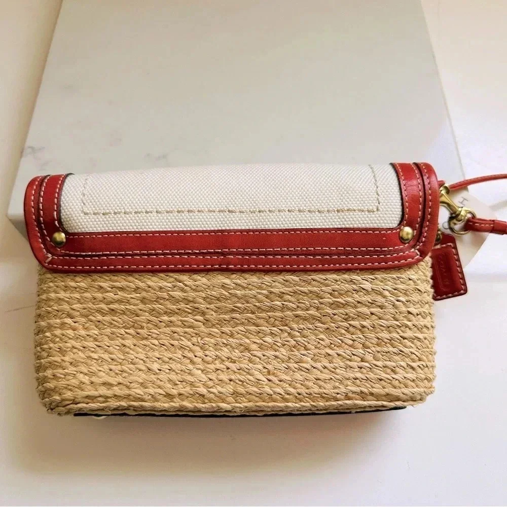 NWT Coach Rare Vintage Straw Turn-Lock Flap Clutch/Wristlet Bag